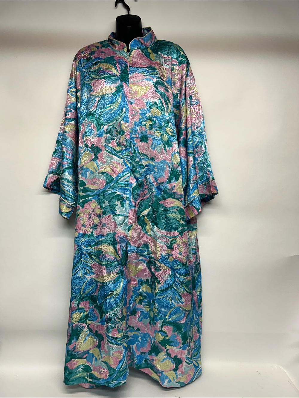 Vibrant Floral Satin Kimono Robe - Teal, Pink & Gold golden girls vibes large